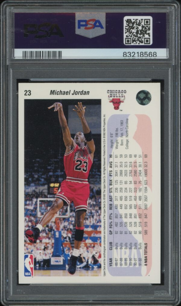 PSA-graded 1992 Upper Deck card featuring Michael Jordan in mid-air basketball action.