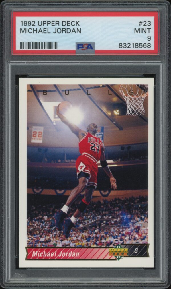 1992 Upper Deck Michael Jordan action shot trading card, rated Mint 9 by PSA.