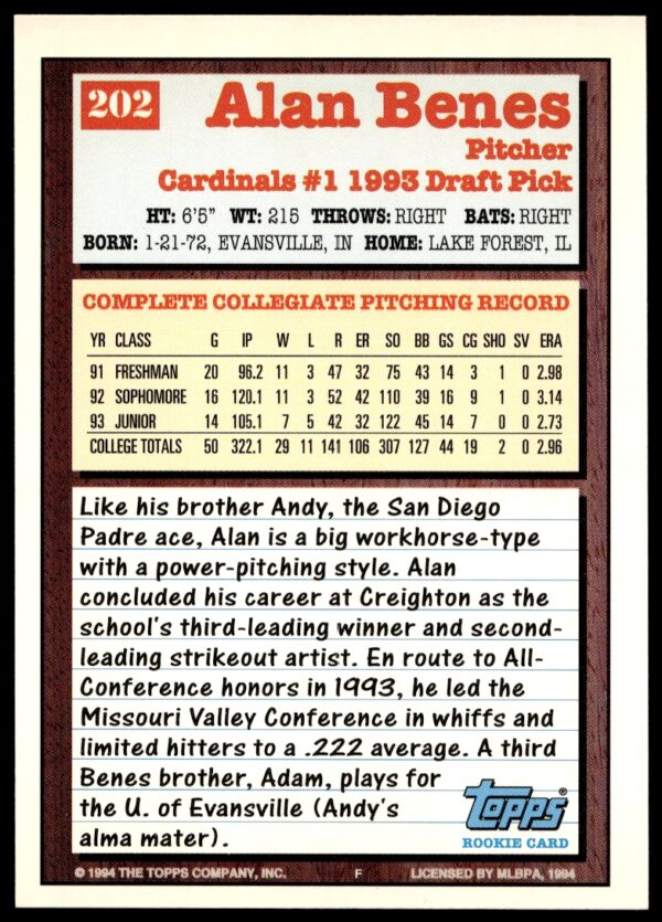 1994 Topps Gold Alan Benes #202 (Back)