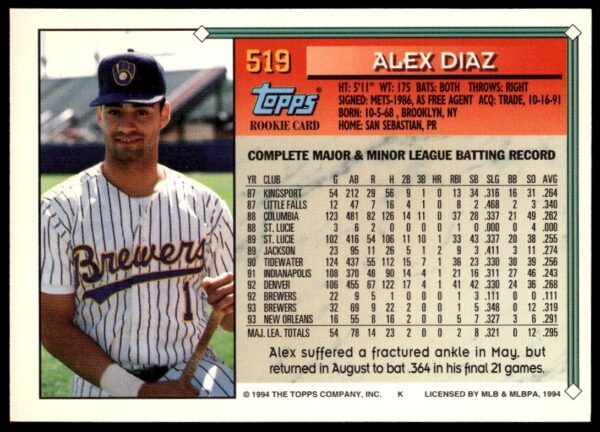 1994 Topps Gold Alex Diaz #519 (Back)