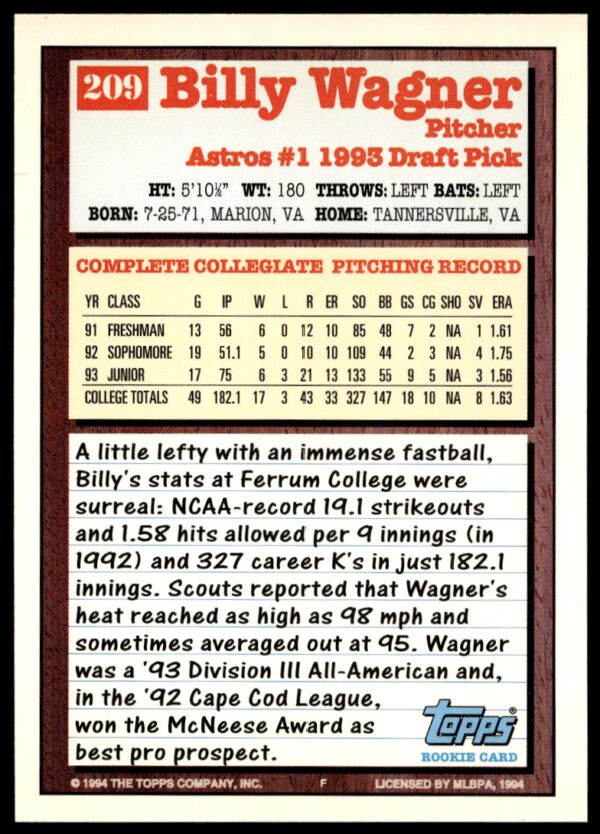 1994 Topps Gold Billy Wagner #209 (Back)