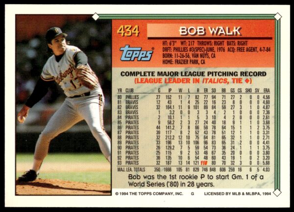 1994 Topps Gold Bob Walk #434 (Back)