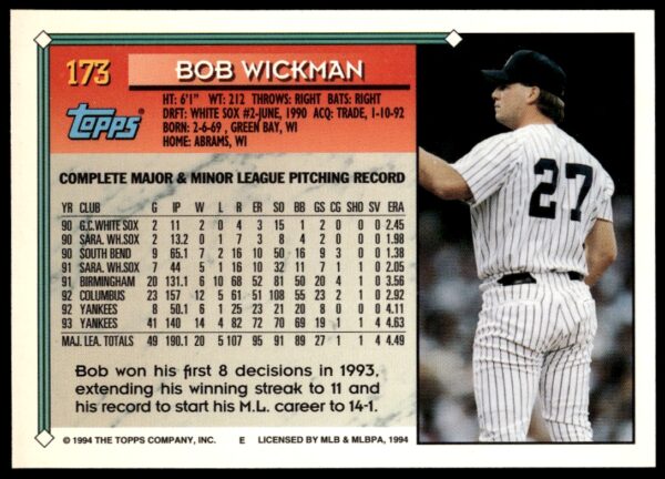 1994 Topps Gold Bob Wickman #173 (Back)