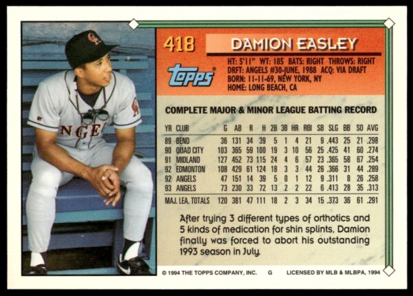 1994 Topps Gold Damion Easley #418 (Back)