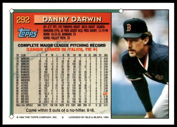 1994 Topps Gold Danny Darwin #292 (Back)