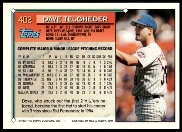 1994 Topps Gold Dave Telgheder #402 (Back)