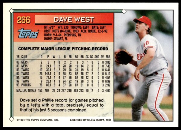 1994 Topps Gold Dave West #266 (Back)