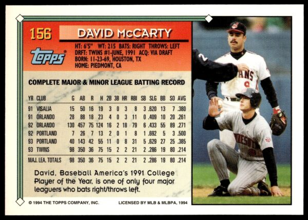 1994 Topps Gold David McCarty #156 (Back)