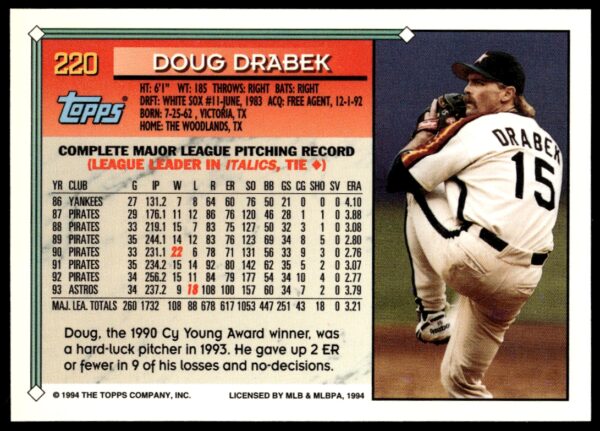 1994 Topps Gold Doug Drabek #220 (Back)