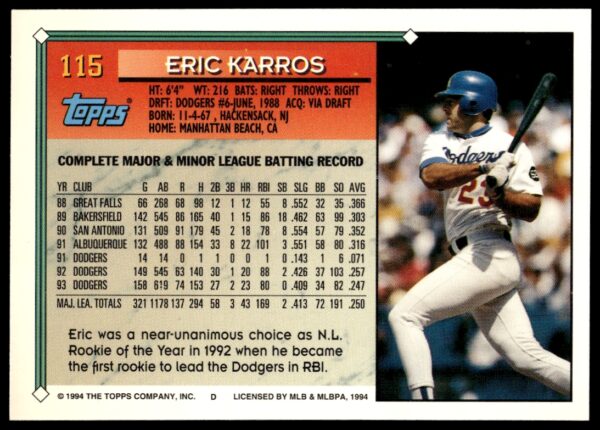 1994 Topps Gold Eric Karros #115 (Back)