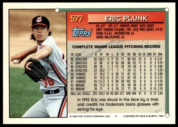 1994 Topps Gold Eric Plunk #577 (Back)