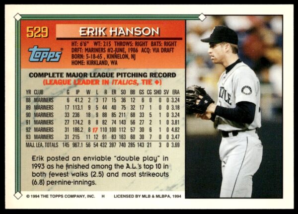 1994 Topps Gold Erik Hanson #529 (Back)