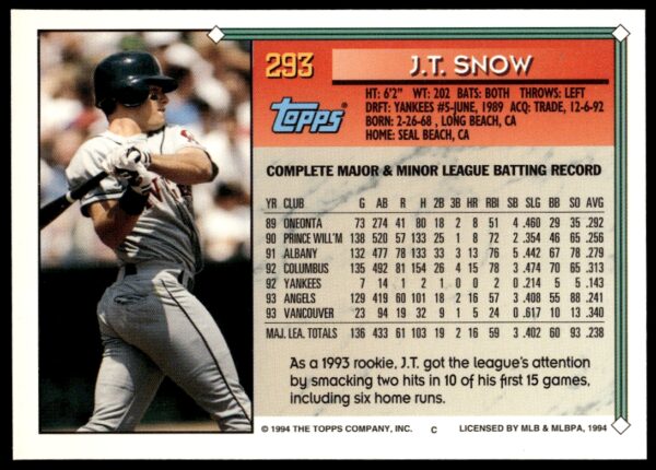 1994 Topps Gold J.T. Snow #293 (Back)