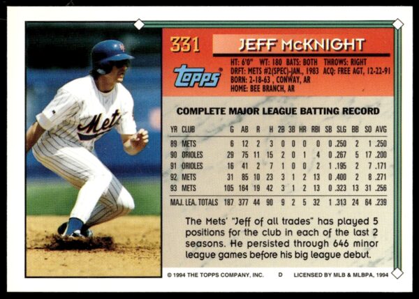 1994 Topps Gold Jeff McKnight #331 (Back)