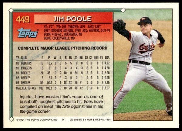 1994 Topps Gold Jim Poole #449 (Back)