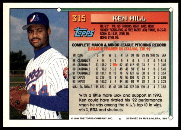 1994 Topps Gold Ken Hill #315 (Back)