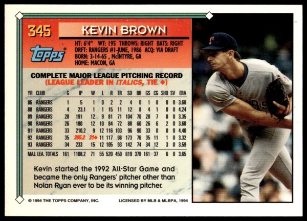 1994 Topps Gold Kevin Brown #345 (Back)