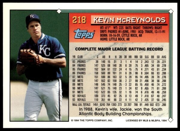 1994 Topps Gold Kevin McReynolds #218 (Back)