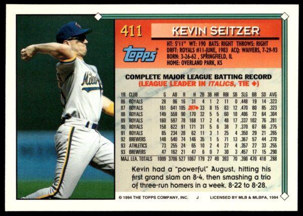 1994 Topps Gold Kevin Seitzer #411 (Back)