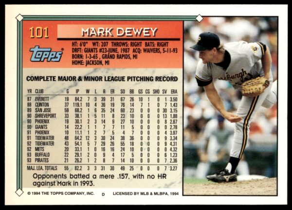 1994 Topps Gold Mark Dewey #101 (Back)