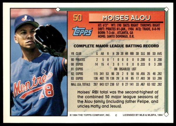 1994 Topps Gold Moises Alou #50 (Back)