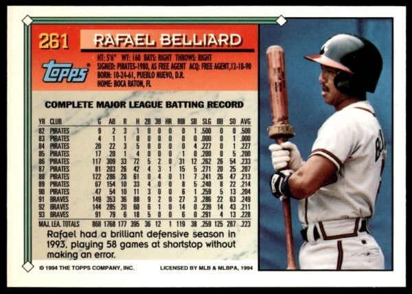 1994 Topps Gold Rafael Belliard #261 (Back)