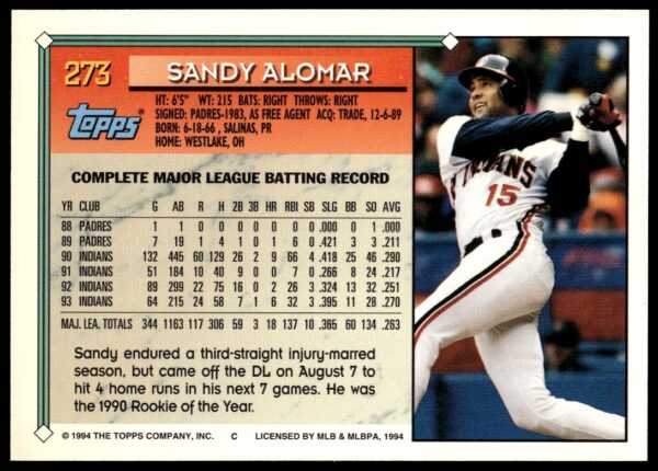 1994 Topps Gold Sandy Alomar Jr. #273 (Back)