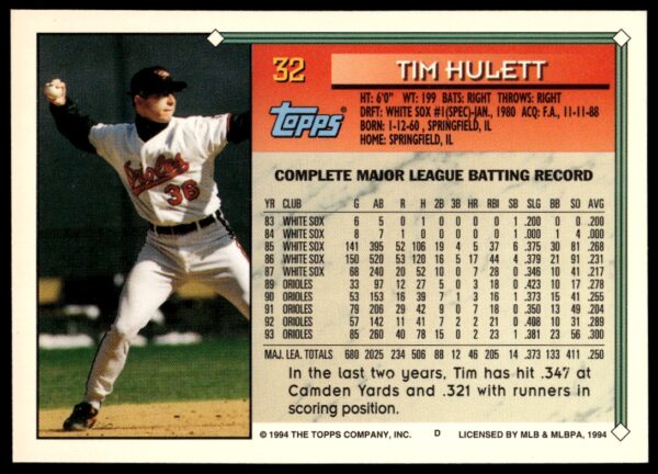 1994 Topps Gold Tim Hulett #32 (Back)