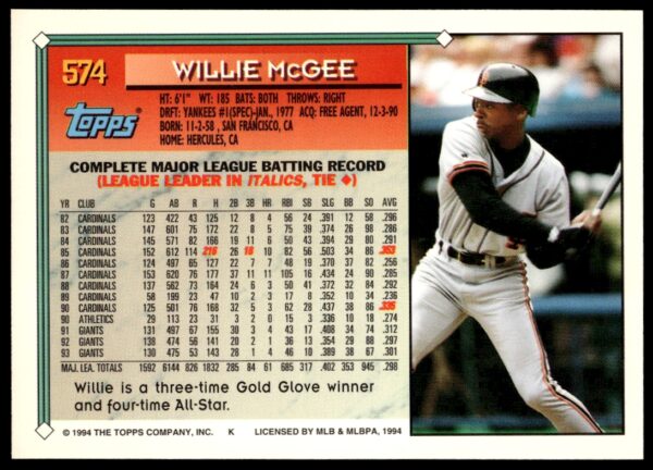 1994 Topps Gold Willie McGee #574 (Back)