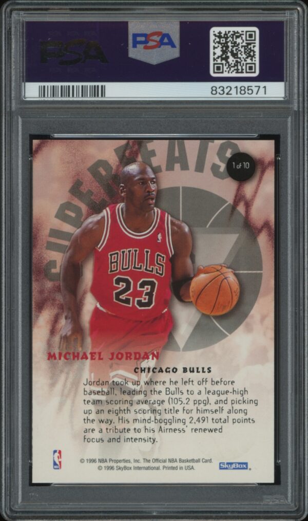 PSA-graded 1996 Hoops Superfeats Michael Jordan trading card in gem mint condition.