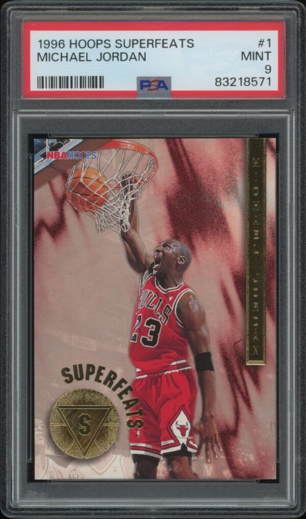 PSA 9 graded 1996 Hoops Superfeats Michael Jordan card featuring an iconic dunk.