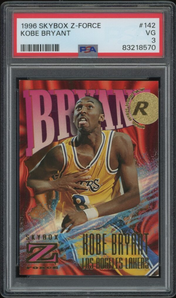 Graded 1996 SkyBox Z-Force Kobe Bryant basketball card in PSA slab.
