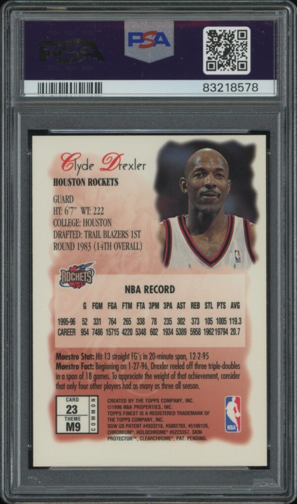 PSA 10 graded Clyde Drexlers 1996 Topps Finest basketball card in pristine condition.