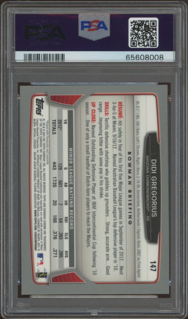 Back view of PSA-graded 2013 Bowman Chrome Card #147 featuring Didi Gregorius.