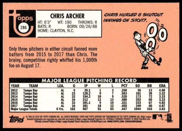 2018 Topps Heritage Chris Archer #286 (Back)