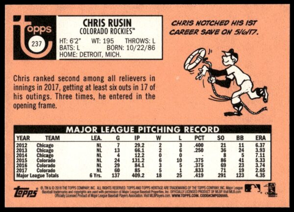 2018 Topps Heritage Chris Rusin #237 (Back)