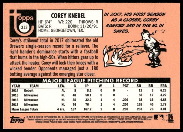 2018 Topps Heritage Corey Knebel #313 (Back)