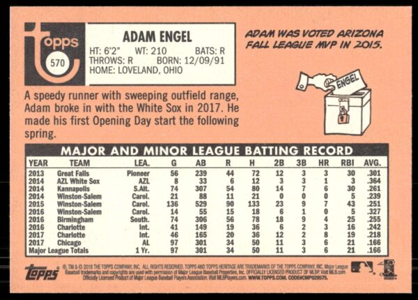 2018 Topps Heritage High Number Adam Engel #570 (Back)