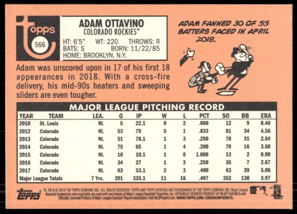 2018 Topps Heritage High Number Adam Ottavino #566 (Back)