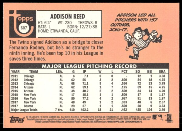 2018 Topps Heritage High Number Addison Reed #607 (Back)