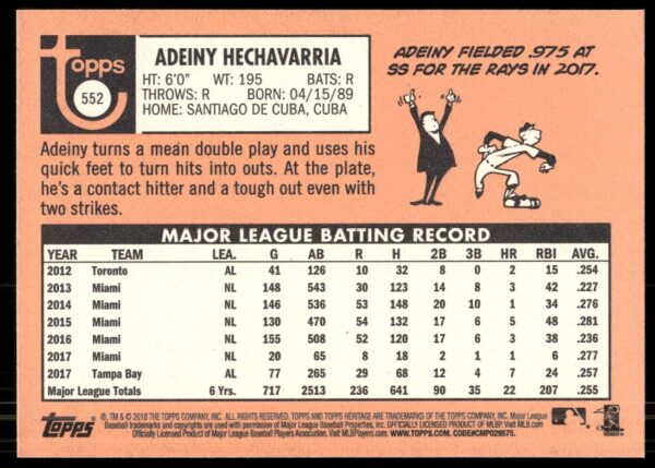 2018 Topps Heritage High Number Adeiny Hechavarria #552 (Back)