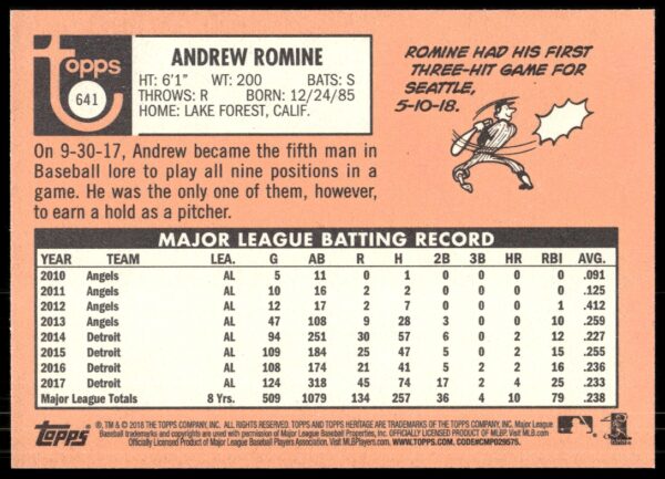 2018 Topps Heritage High Number Andrew Romine #641 (Back)