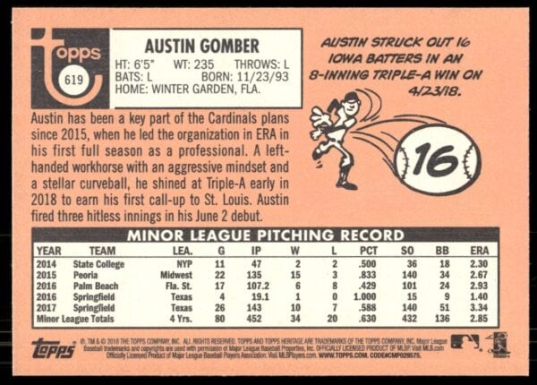 2018 Topps Heritage High Number Austin Gomber #619 (Back)