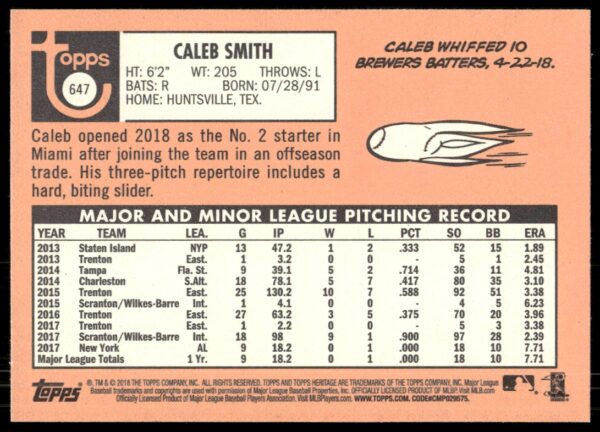 2018 Topps Heritage High Number Caleb Smith #647 (Back)