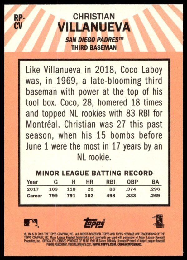 2018 Topps Heritage High Number Christian Villanueva Rookie Performers #RP-CV (Back)