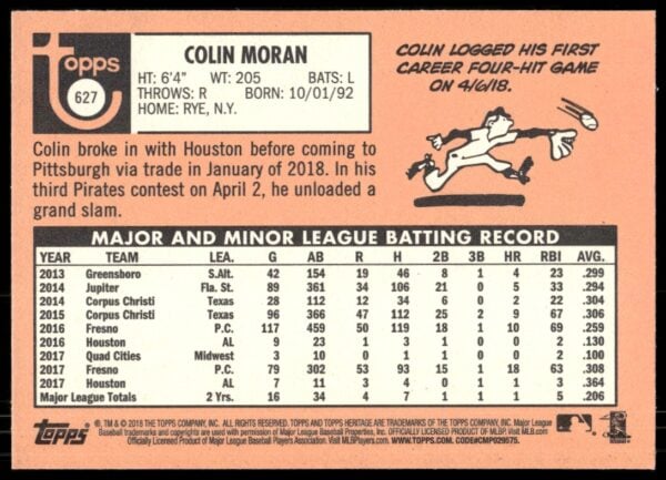 2018 Topps Heritage High Number Colin Moran #627 (Back)