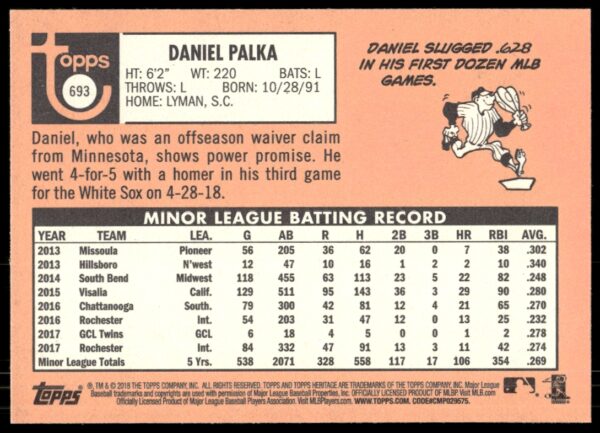 2018 Topps Heritage High Number Daniel Palka #693 (Back)