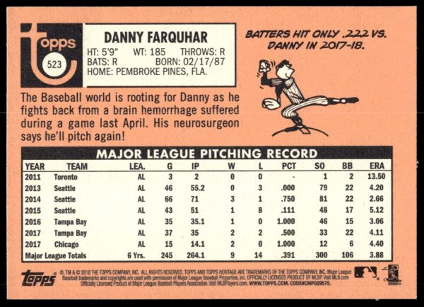 2018 Topps Heritage High Number Danny Farquhar #523 (Back)