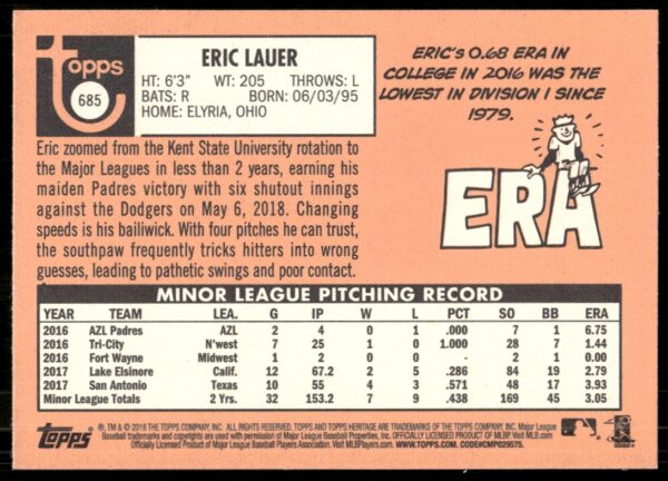 2018 Topps Heritage High Number Eric Lauer #685 (Back)