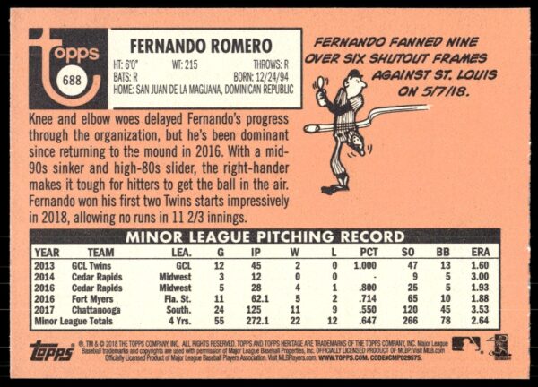 2018 Topps Heritage High Number Fernando Romero #688 (Back)